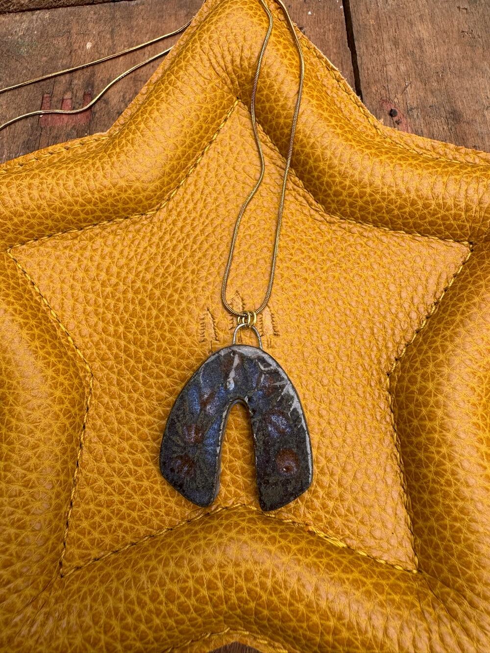 Kiln Fired Light Horseshoe Necklace Handcrafted Ceramic Horse Shoe Blue Pendant